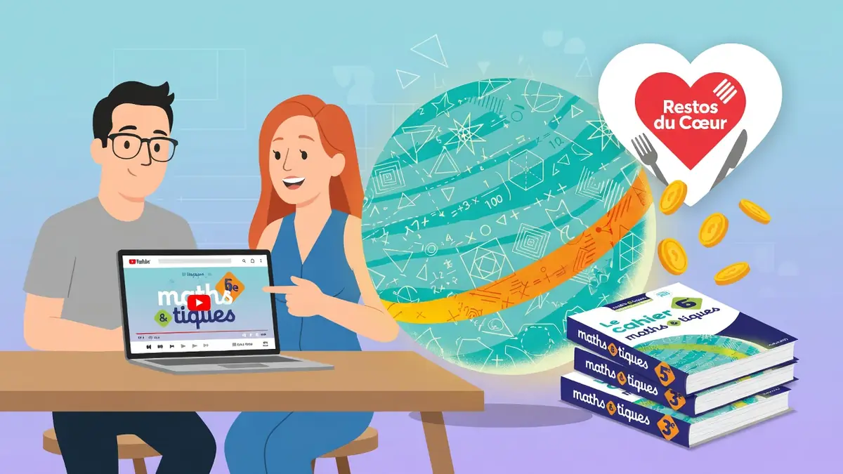 Une femme montre Maths et tiques sur ordinateur à un homme près de livres et d'une sphère mathématique