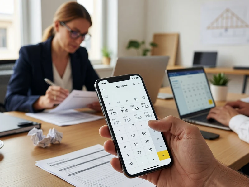 Un utilisateur consulte Mauricette calculatrice sur son téléphone dans un bureau avec des collègues au travail