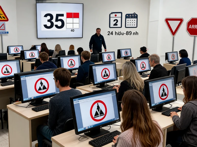 Des candidats sont assis devant des ordinateurs pour passer le code de la Route résultat dans une salle de classe.