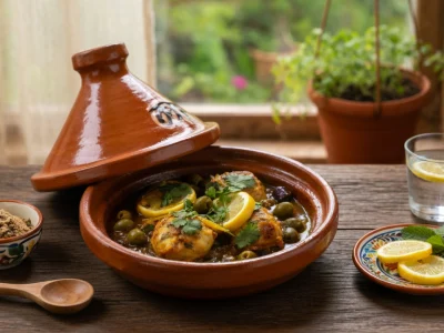 Un délicieux tajine de poulet aux olives et au citron posé sur une table en bois rustique