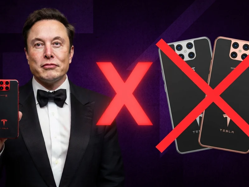 Un homme en smoking tient un téléphone Tesla devant deux mobiles barrés d'une croix rouge