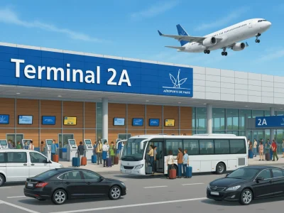 Un avion survole le terminal 2A de l'aéroport avec des passagers et des véhicules devant l'entrée