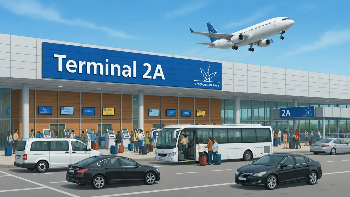 Un avion survole le terminal 2A de l'aéroport avec des passagers et des véhicules devant l'entrée