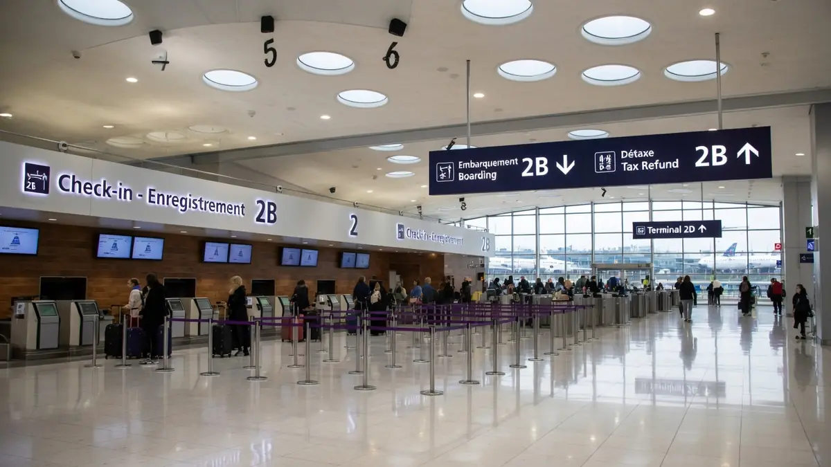 Vue intérieure des comptoirs d'enregistrement et de la zone d'embarquement du terminal 2B à l'aéroport de Roissy