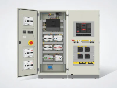 Vue intérieure d'une armoire électrique industrielle de type Tgbt avec ses disjoncteurs et composants de protection