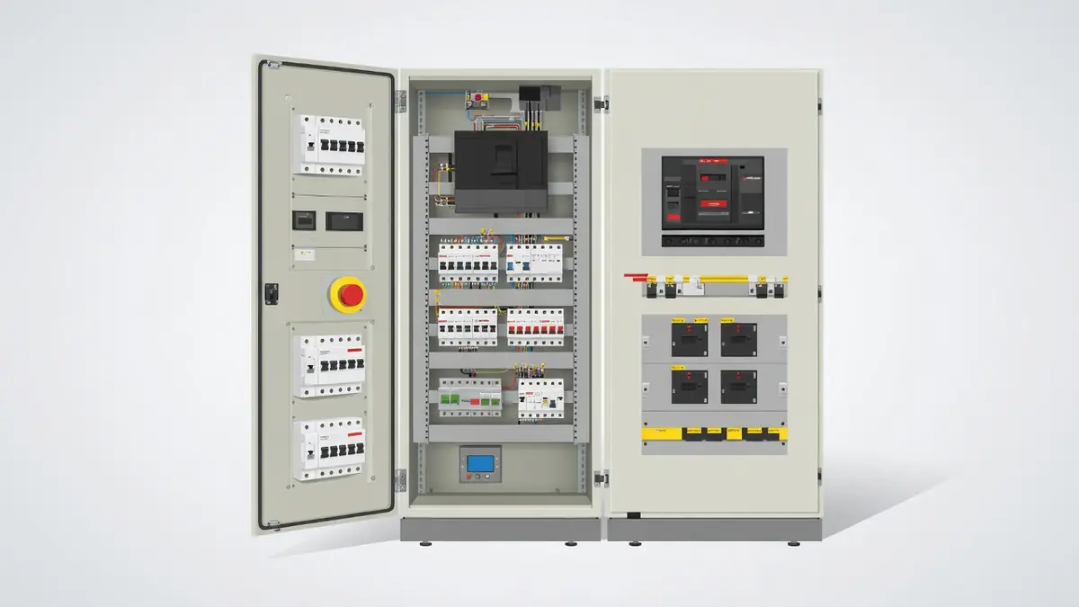 Vue intérieure d'une armoire électrique industrielle de type Tgbt avec ses disjoncteurs et composants de protection