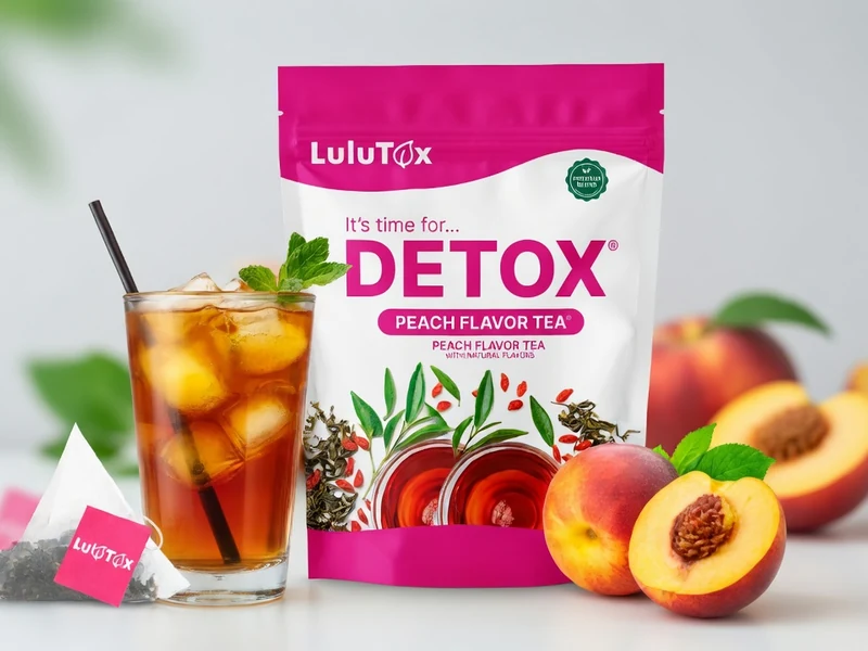 Un emballage de Lulutox thé détox accompagné d'un verre de thé glacé et de pêches fraîches