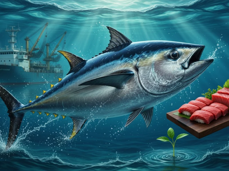 Un thon rouge nage dans l'océan près d'une planche chargée de tranches de poisson