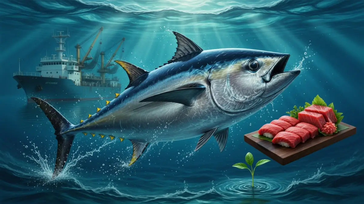 Un thon rouge nage dans l'océan près d'une planche chargée de tranches de poisson