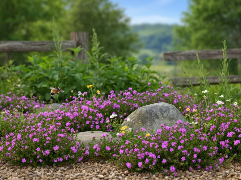Tapis de thym serpolet en fleurs avec des rochers dans un jardin champêtre bordé d'une clôture