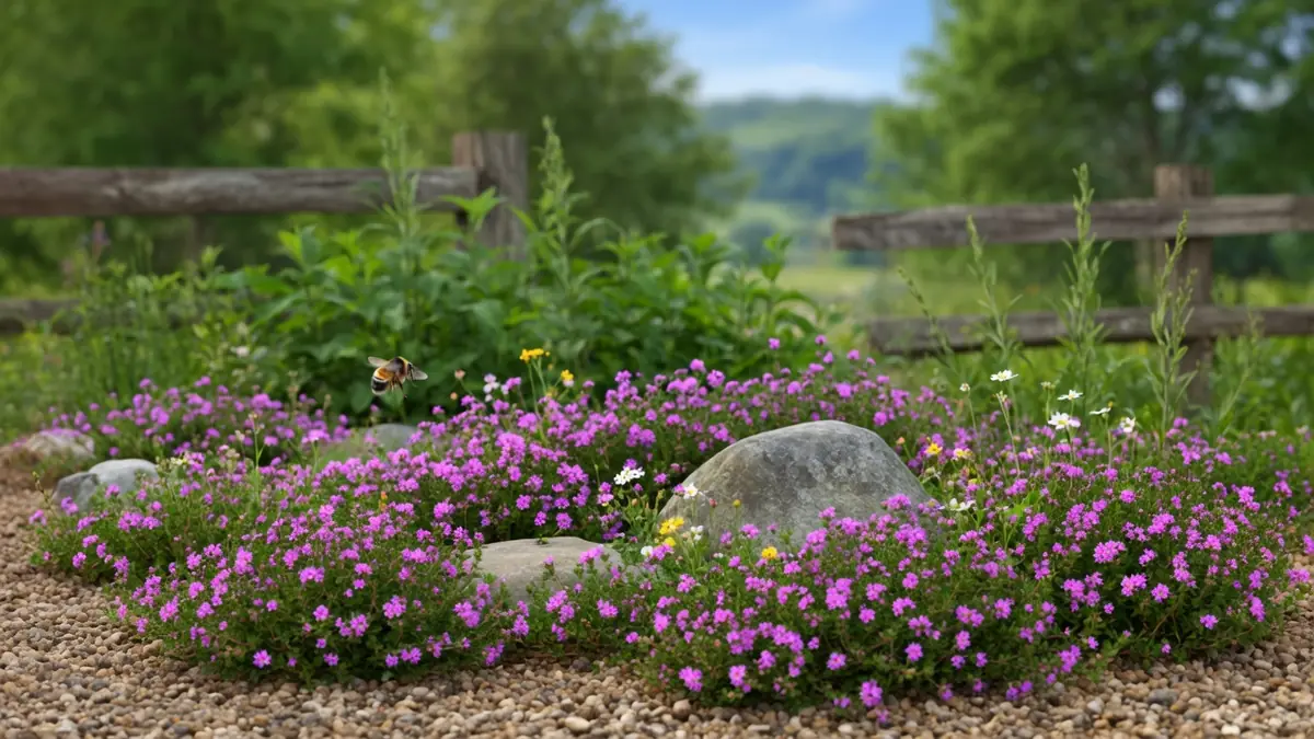 Tapis de thym serpolet en fleurs avec des rochers dans un jardin champêtre bordé d'une clôture