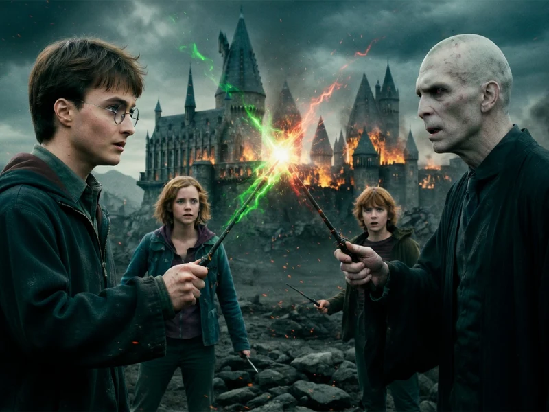Harry affronte Voldemort dans Harry Potter et les Reliques de la Mort - 2ème partie devant Poudlard en flammes