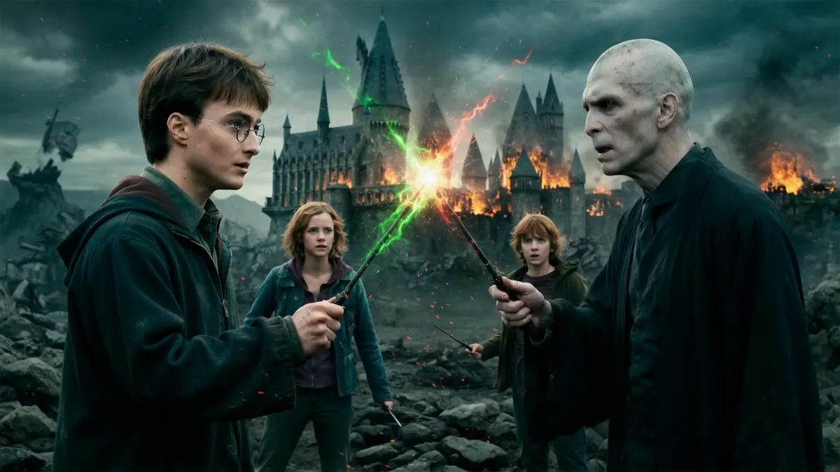 Harry affronte Voldemort dans Harry Potter et les Reliques de la Mort - 2ème partie devant Poudlard en flammes