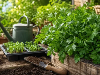 Semis de persil géant d'Italie dans un potager