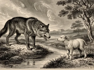 L'image illustre Les Loups et l'Agneau avec un loup et un agneau près d'un ruisseau