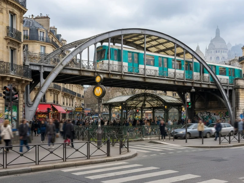 Train de Barbès métro sur sa structure métallique incurvée au-dessus de la rue.
