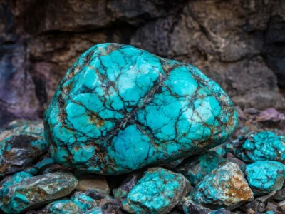 Un gros Tyrkys veiné de brun est entouré de fragments rocheux