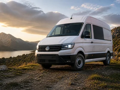 Un van Crafter VW blanc stationné dans un paysage montagneux au coucher du soleil