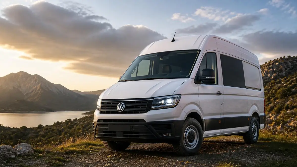 Un van Crafter VW blanc stationné dans un paysage montagneux au coucher du soleil