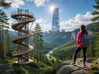Une randonneuse admire le paysage avec une tour en spirale depuis un point de vue à proximité