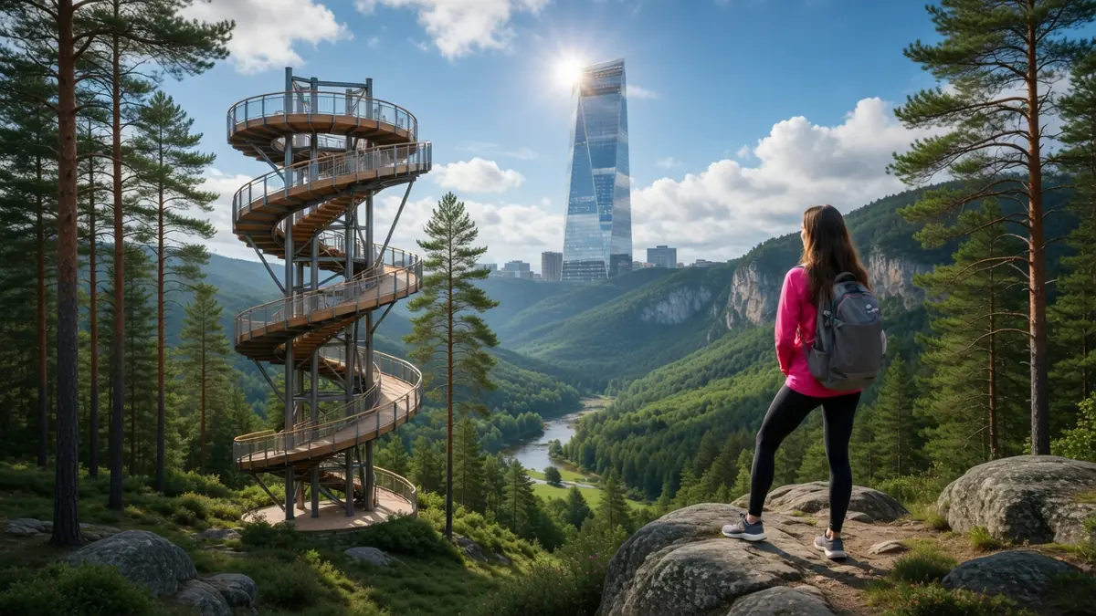 Une randonneuse admire le paysage avec une tour en spirale depuis un point de vue à proximité