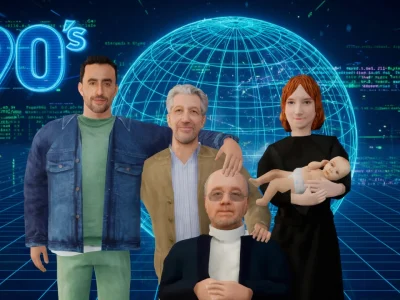 Personnages en 3D posant devant un globe numérique évoquant le vertige d'une simulation virtuelle