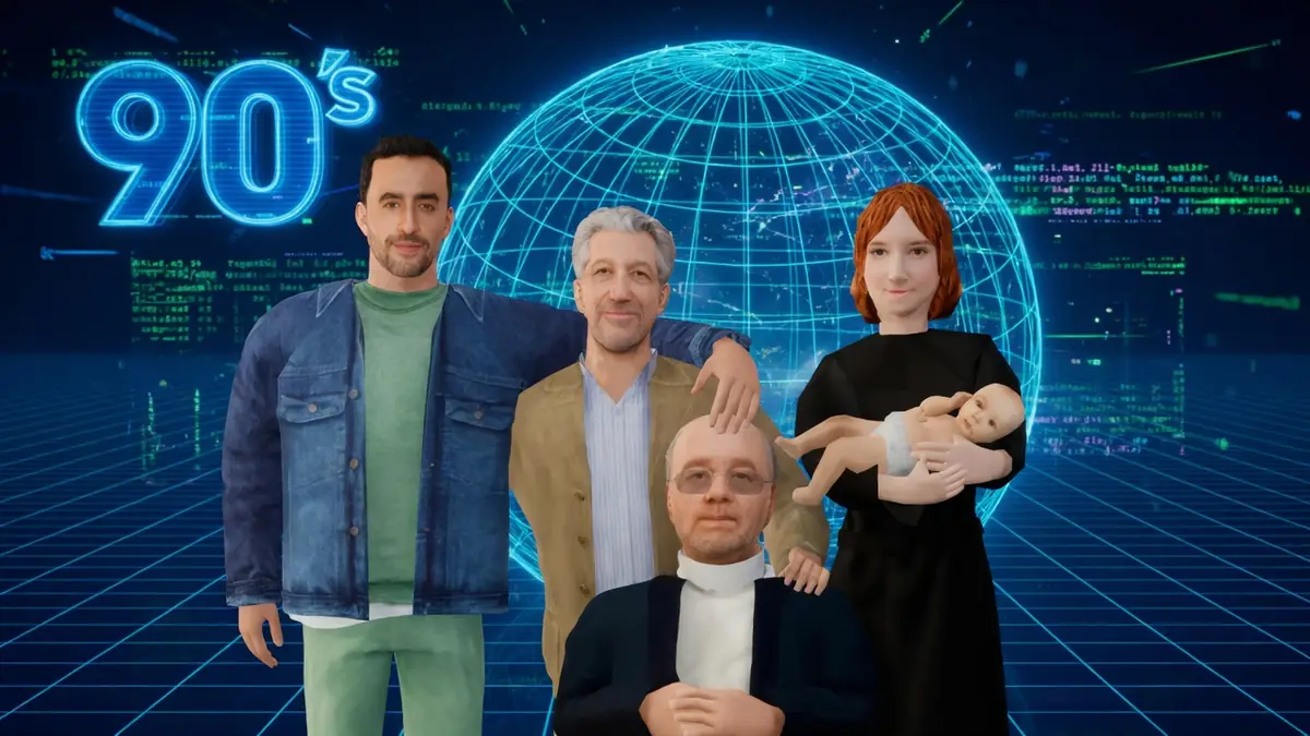 Personnages en 3D posant devant un globe numérique évoquant le vertige d'une simulation virtuelle