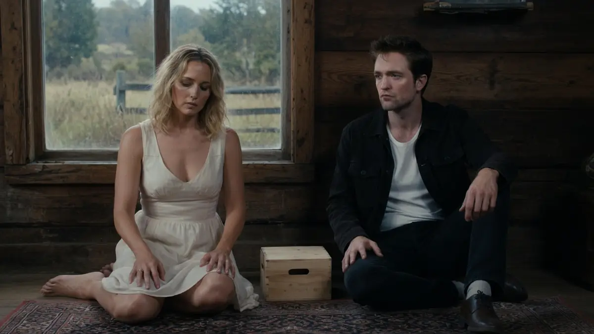 Un couple semble tendu dans une pièce rustique, une scène marquante du film Die My Love