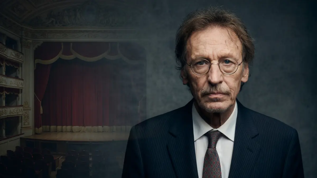 Didier Sauvegrain pose en costume sombre devant une salle de théâtre classique