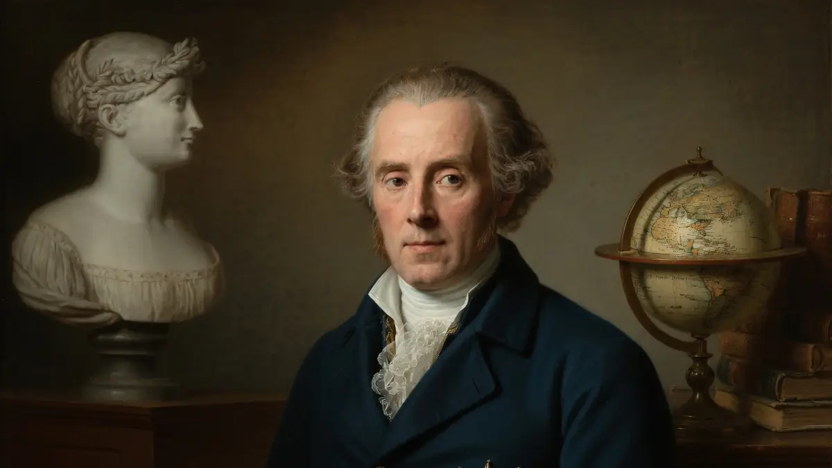 Ce portrait représente Pierre Laplace avec un buste et un globe terrestre