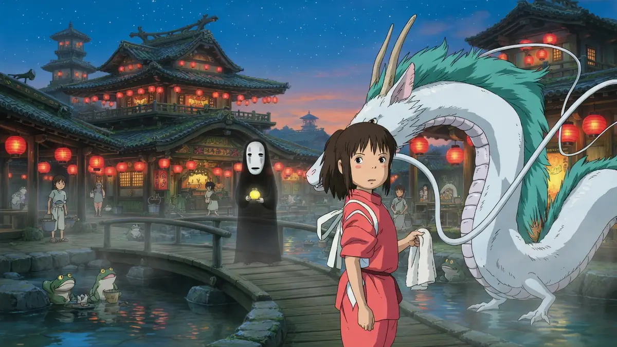 Scène nocturne avec Chihiro et le dragon dans les voyage de chihiro