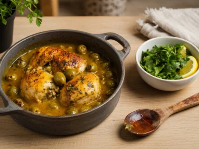 Un plat de poulet au olives recette dans une cocotte en fonte accompagné d'un bol d'herbes et d'une cuillère en bois
