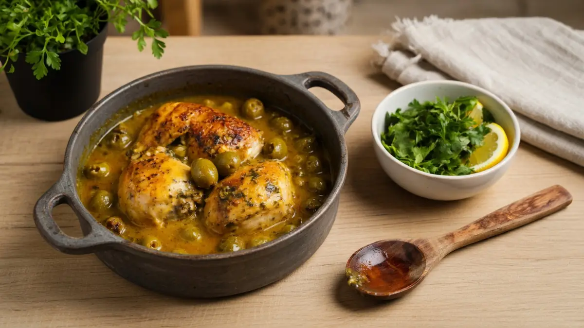 Un plat de poulet au olives recette dans une cocotte en fonte accompagné d'un bol d'herbes et d'une cuillère en bois