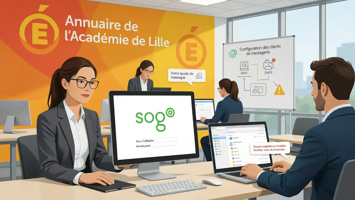 Des employés de bureau utilisent des ordinateurs pour se connecter au lille Webmail dans un espace de travail moderne