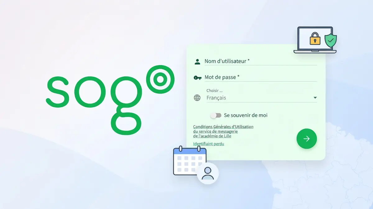 Interface de connexion sécurisée pour accéder au webmail Lille avec des icônes de calendrier et de messagerie