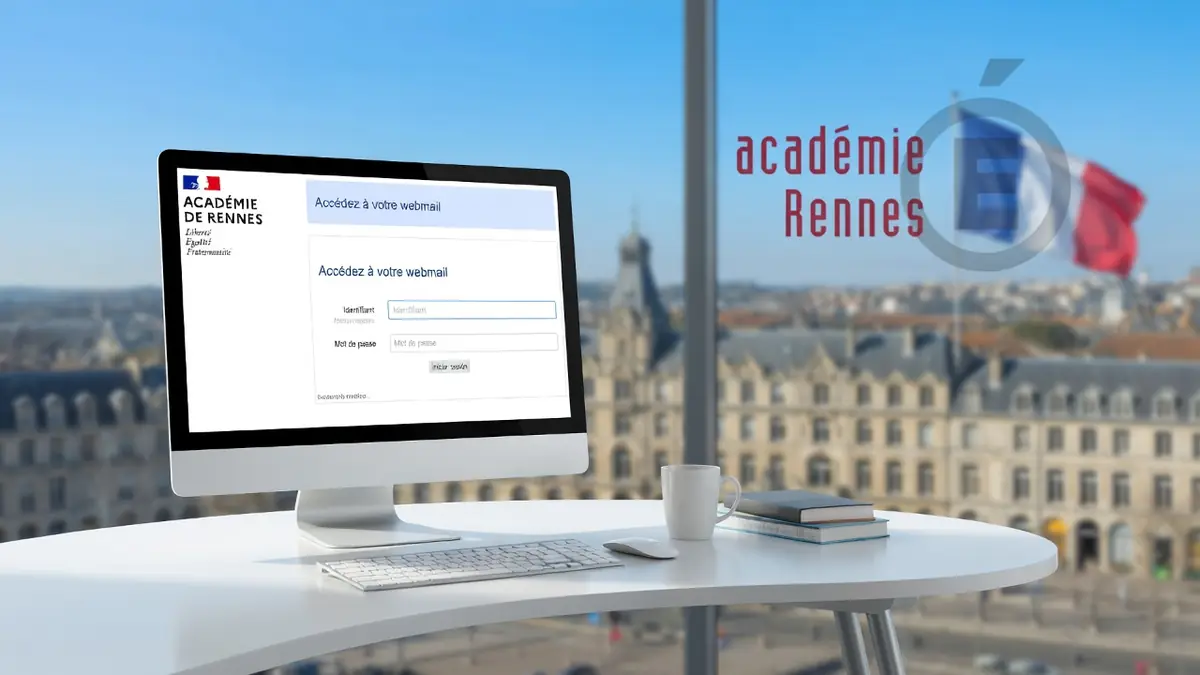 Un ordinateur sur une table affiche le webmail Rennes face à une vue urbaine