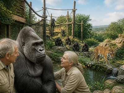 Un couple de soigneurs observe un gorille au zoo saint martin plaine entouré d'autres primates et d'un tigre