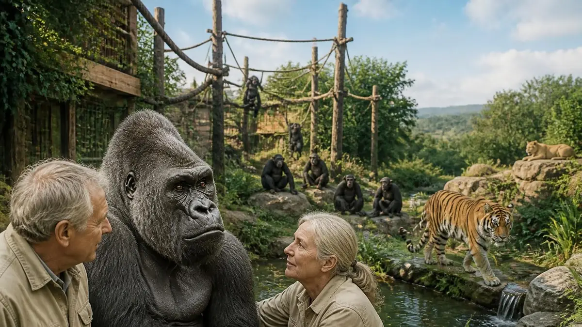 Un couple de soigneurs observe un gorille au zoo saint martin plaine entouré d'autres primates et d'un tigre