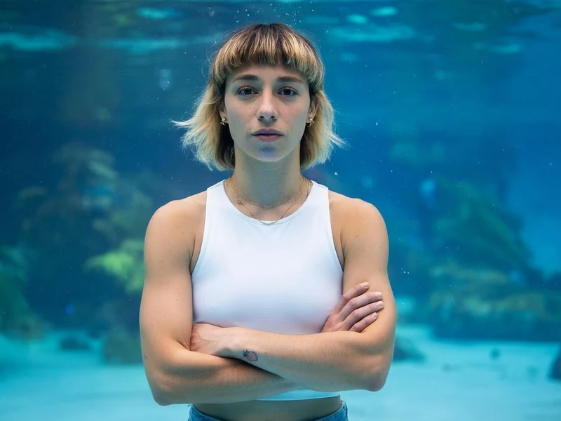 Léa Catania pose en tenue blanche sous l'eau avec les bras croisés devant un décor aquatique