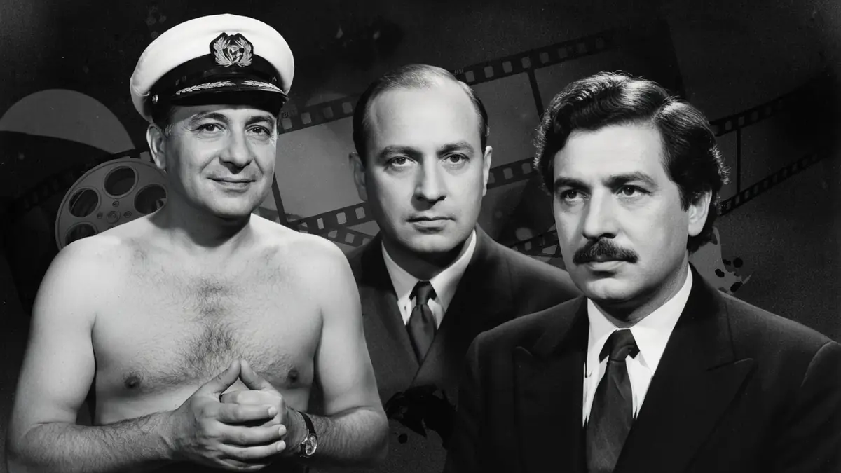 Léonide Moguy pose avec deux hommes devant des bobines de film