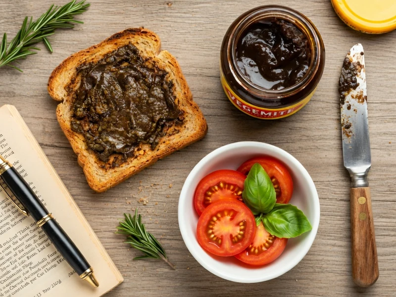 Un toast tartiné, un bol de tomates et un livre illustrent Vegemite bienfaits sur une table