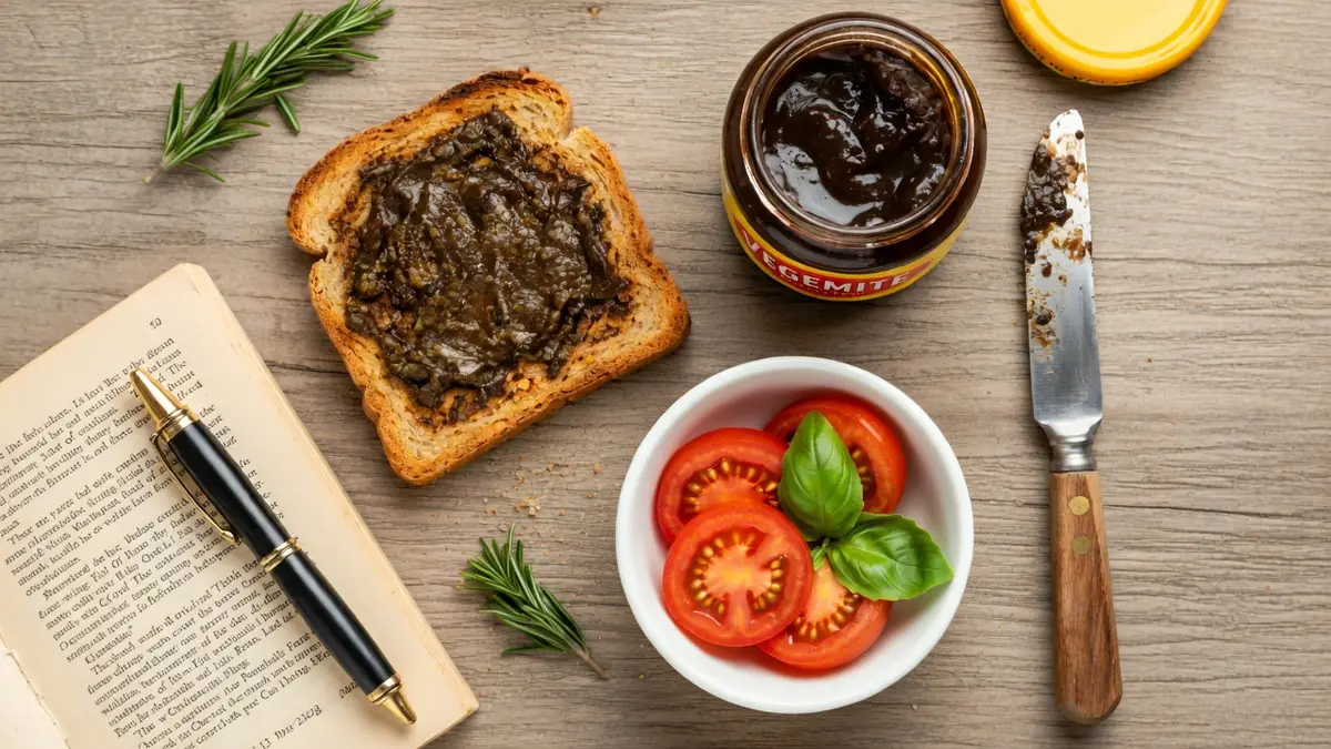 Un toast tartiné, un bol de tomates et un livre illustrent Vegemite bienfaits sur une table