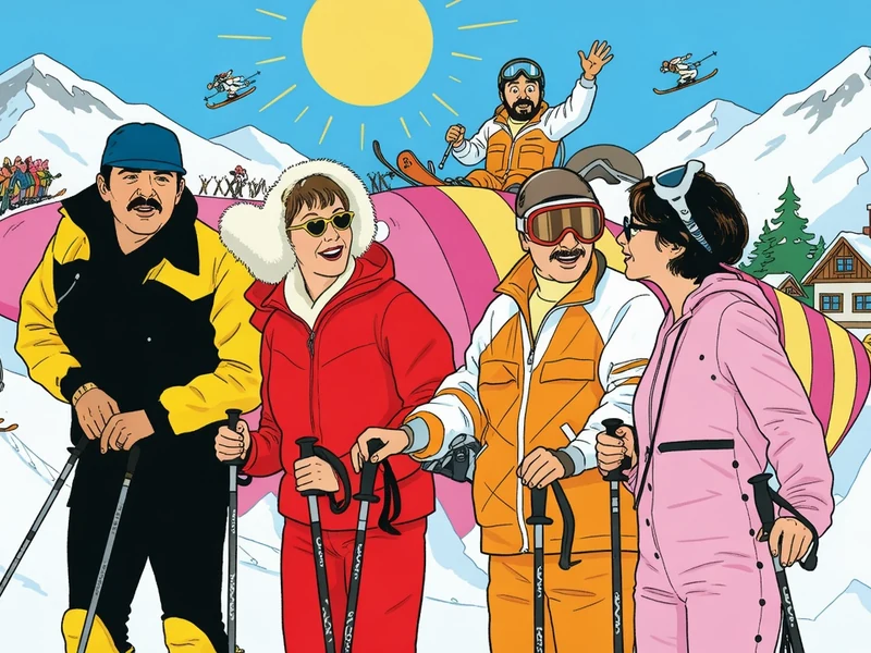Cette illustration festive montre les Bronzés font du ski en streaming avec le groupe joyeux sur les pistes enneigées
