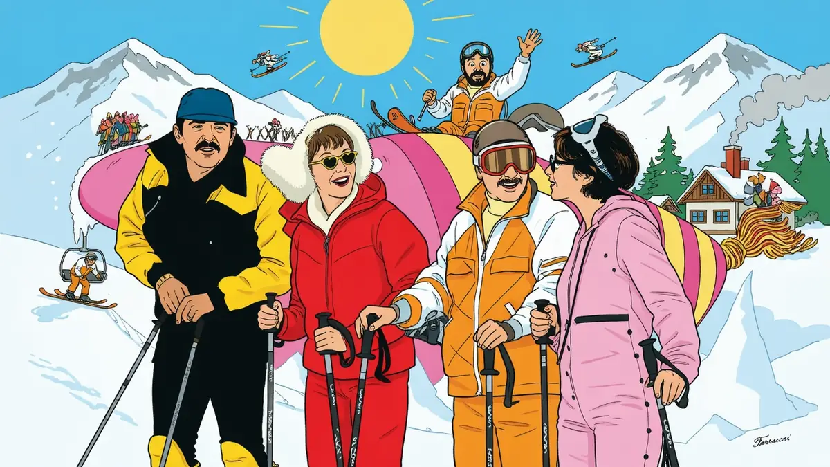 Cette illustration festive montre les Bronzés font du ski en streaming avec le groupe joyeux sur les pistes enneigées