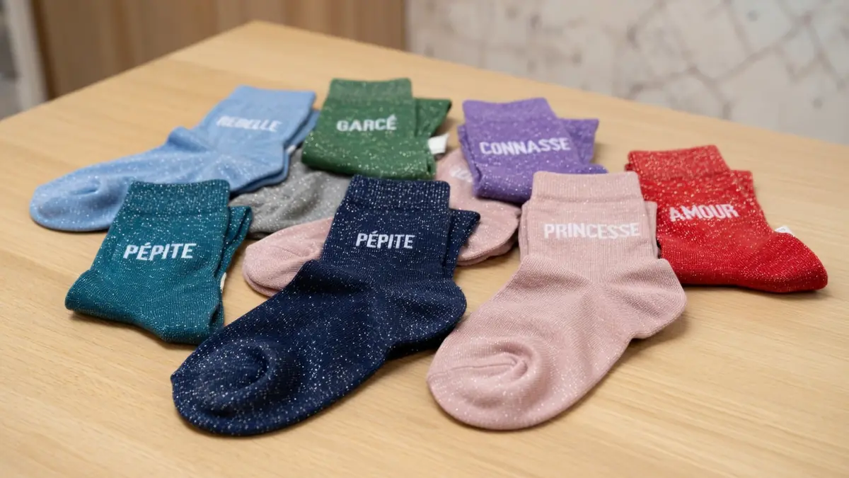 Des chaussettes à paillettes colorées sont étalées sur une table en bois
