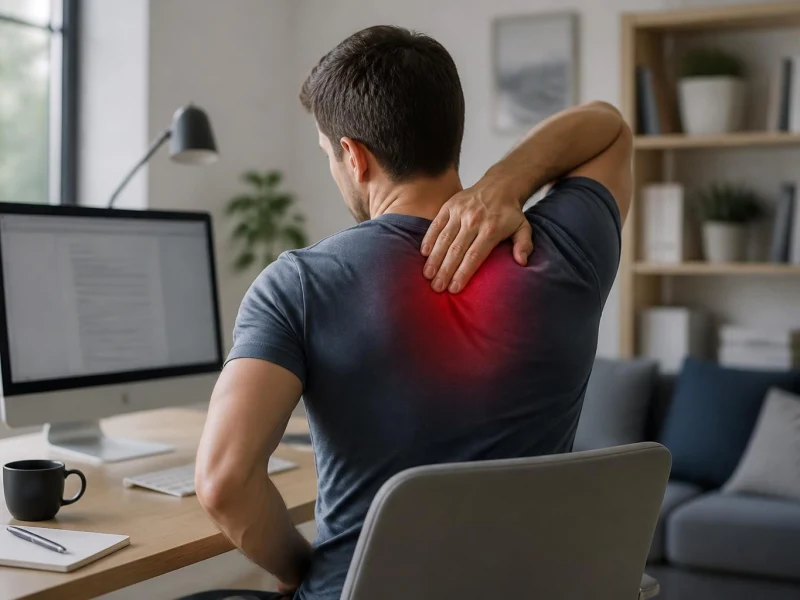 Homme au bureau ressentant une vive douleur dans le haut du dos en travaillant sur ordinateur