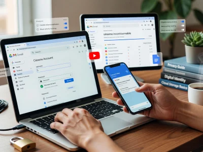 Une personne utilise un laptop et un smartphone pour gmail créer un compte sur un bureau