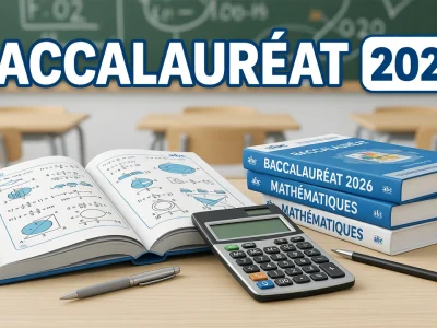 Un livre ouvert une calculatrice et des stylos sur un bureau pour le sujet Bac 2026