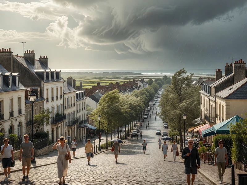 Des passants déambulent dans une rue pavée sous la météo Dax contrastée