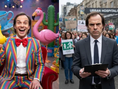 Sébastien Thiéry est montré à gauche dans un costume rayé vif avec un poulet jaune et à droite en costume gris tenant un bloc-notes
